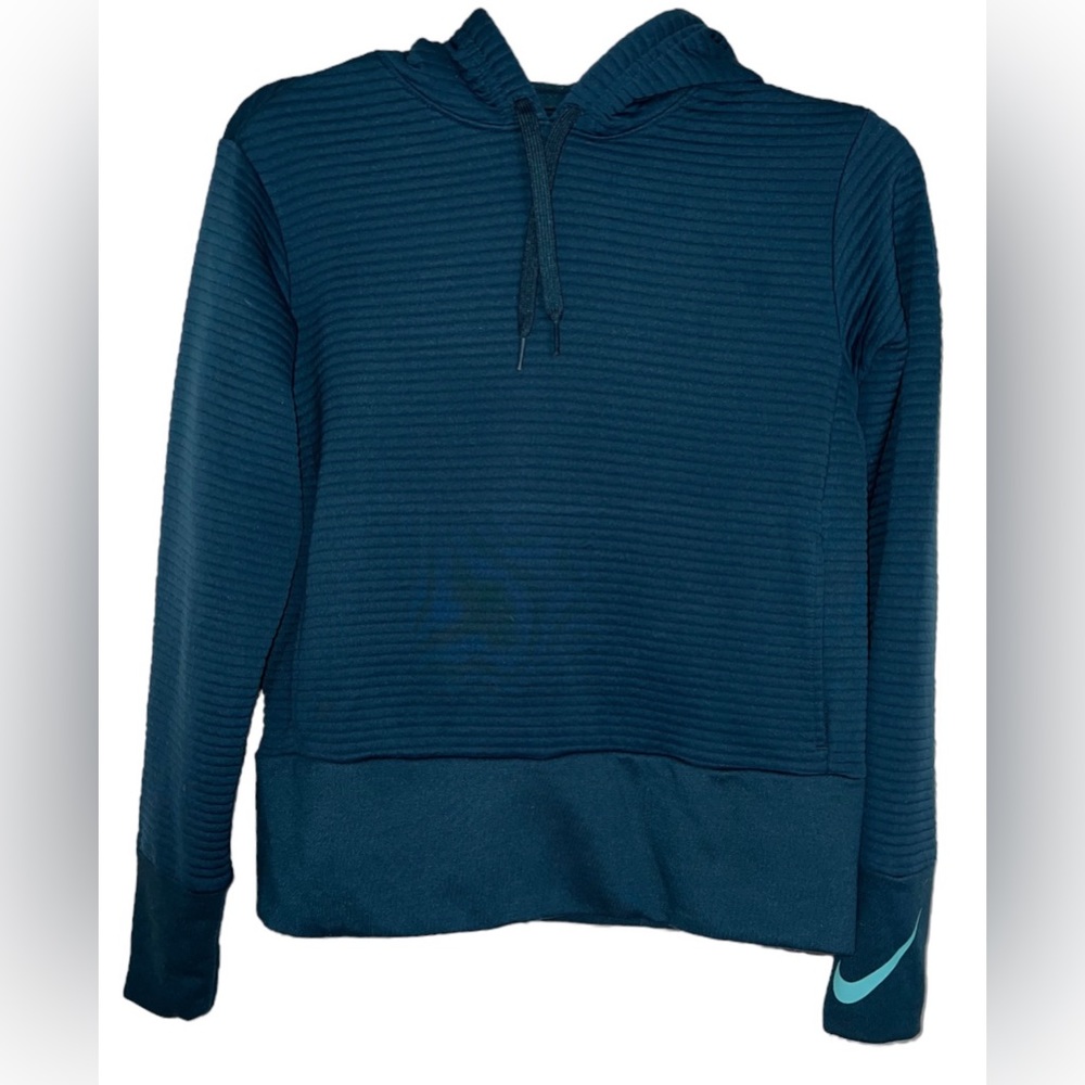 Nike Dry Ribbed Hoodie Sweatshirt Womens XS Blue Teal Swoosh Hooded Jacket